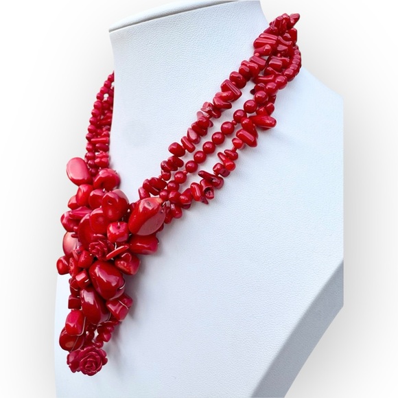 Carved Red Coral Flower Garland Collar 3-Strand Necklace - Picture 6 of 11